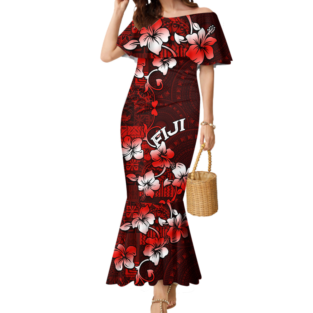 Fiji Masi Mermaid Dress Fijian Hibiscus Tapa Red Version LT01 Women Red - Polynesian Pride