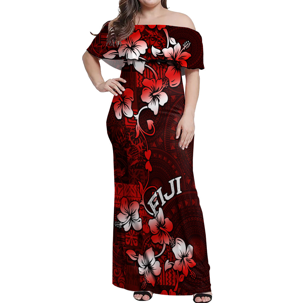 Fiji Masi Off Shoulder Maxi Dress Fijian Hibiscus Tapa Red Version LT01 Women Red - Polynesian Pride