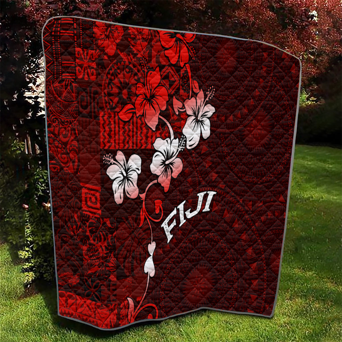 Fiji Masi Quilt Fijian Hibiscus Tapa Red Version LT01 - Polynesian Pride
