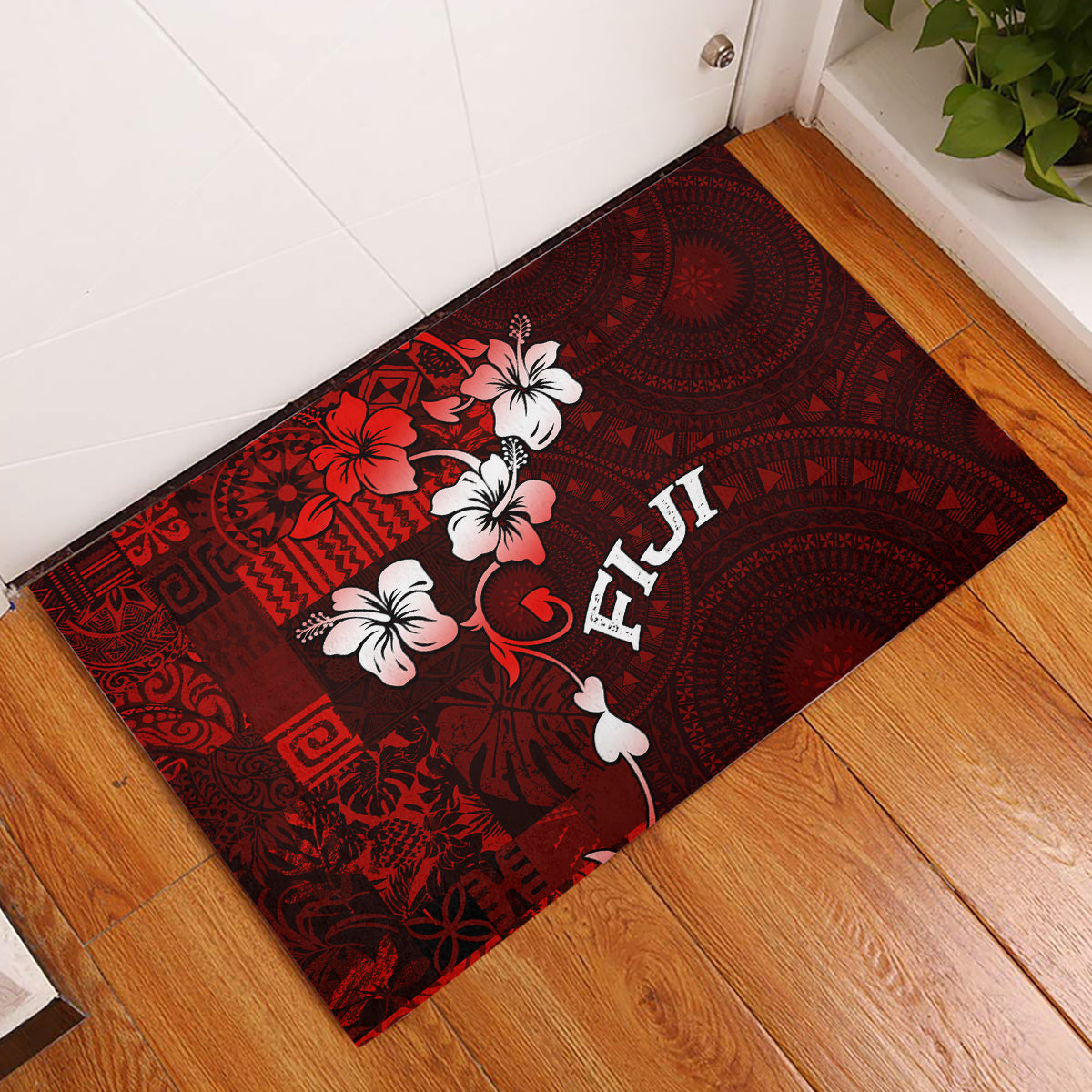 Fiji Masi Rubber Doormat Fijian Hibiscus Tapa Red Version LT01 Red - Polynesian Pride