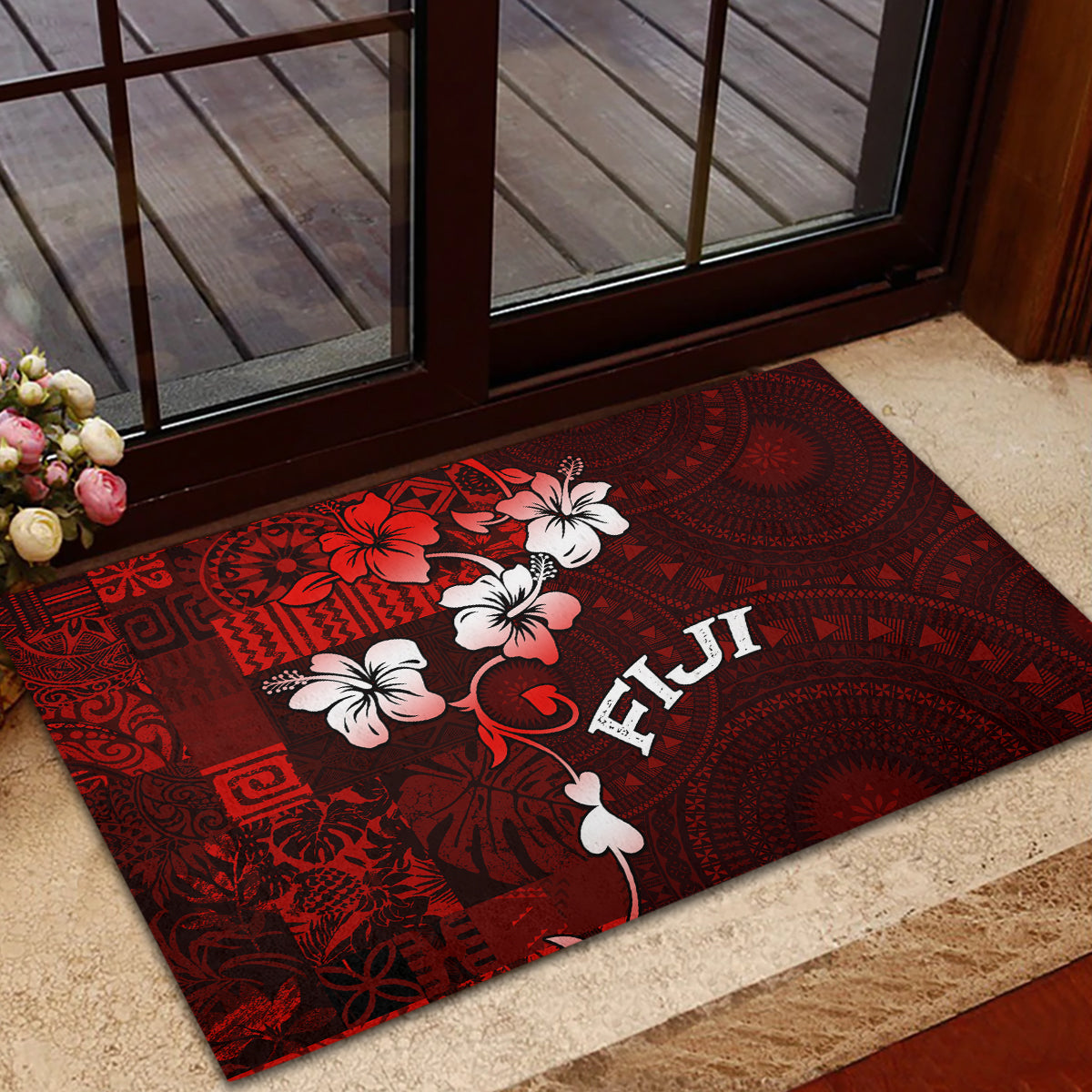 Fiji Masi Rubber Doormat Fijian Hibiscus Tapa Red Version LT01 - Polynesian Pride