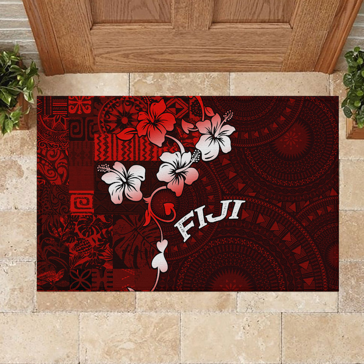 Fiji Masi Rubber Doormat Fijian Hibiscus Tapa Red Version LT01 - Polynesian Pride
