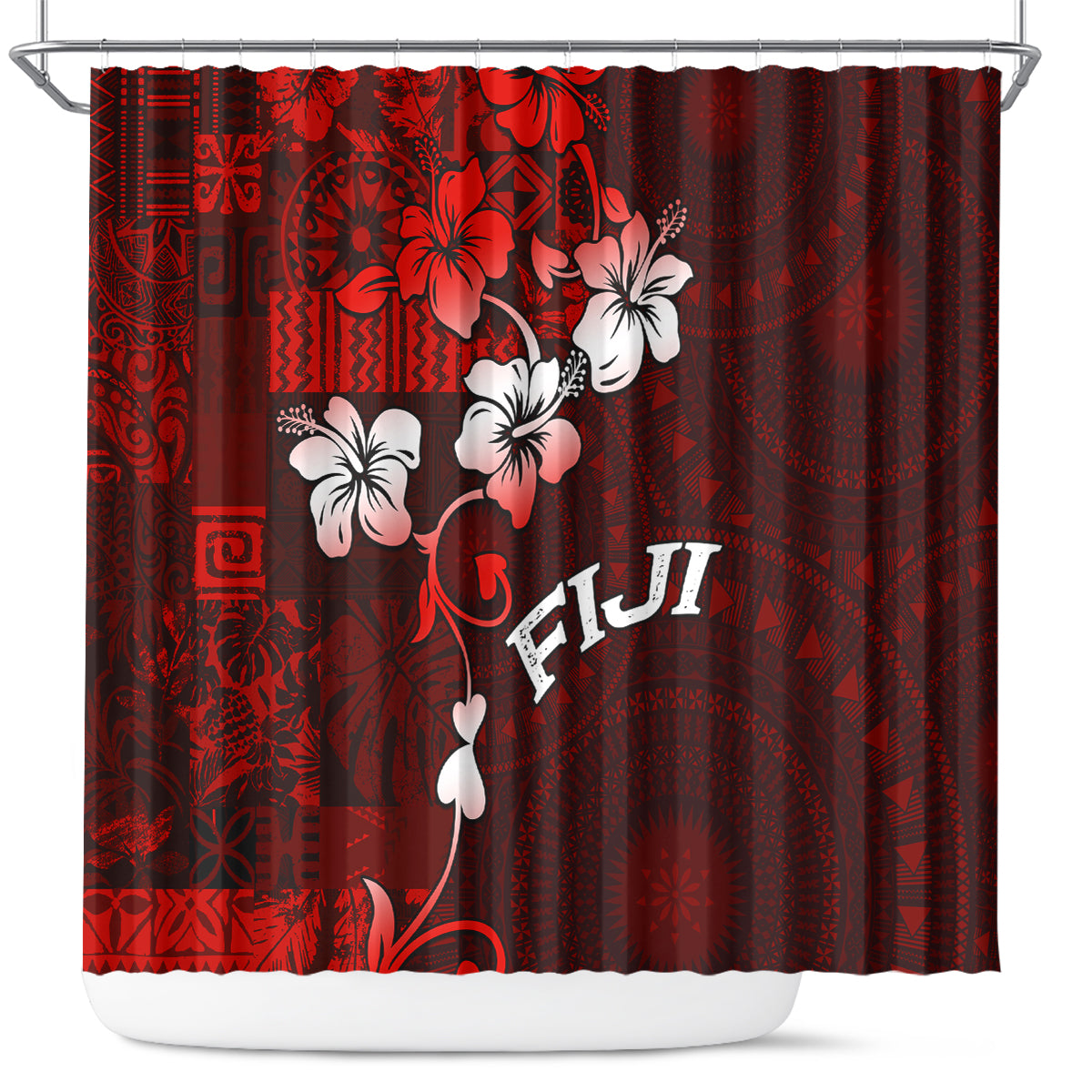 Fiji Masi Shower Curtain Fijian Hibiscus Tapa Red Version LT01 Red - Polynesian Pride