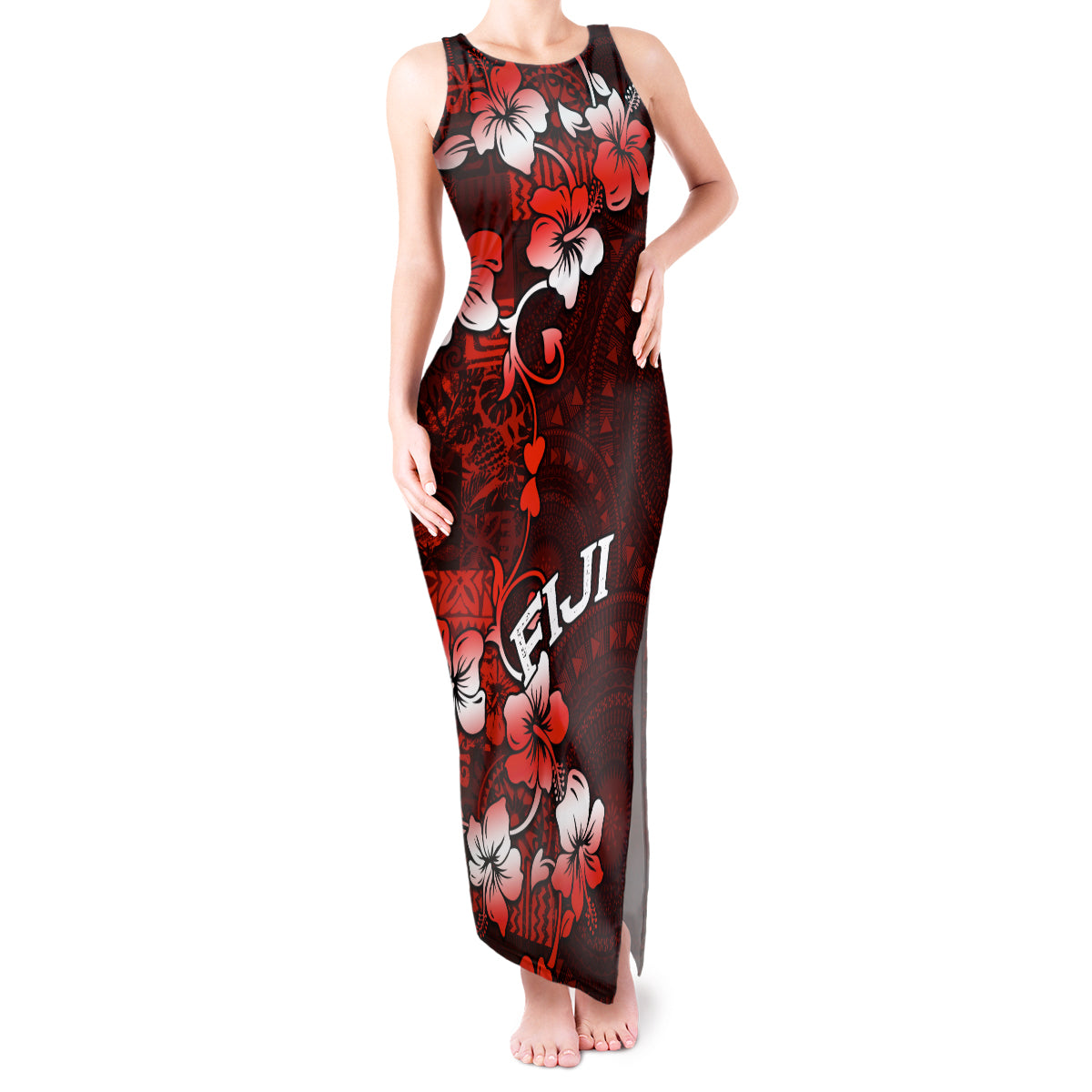 Fiji Masi Tank Maxi Dress Fijian Hibiscus Tapa Red Version LT01 Women Red - Polynesian Pride