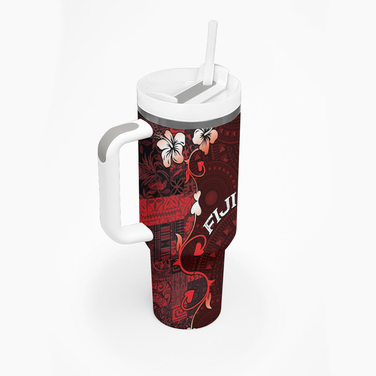 Fiji Masi Tumbler With Handle Fijian Hibiscus Tapa Red Version