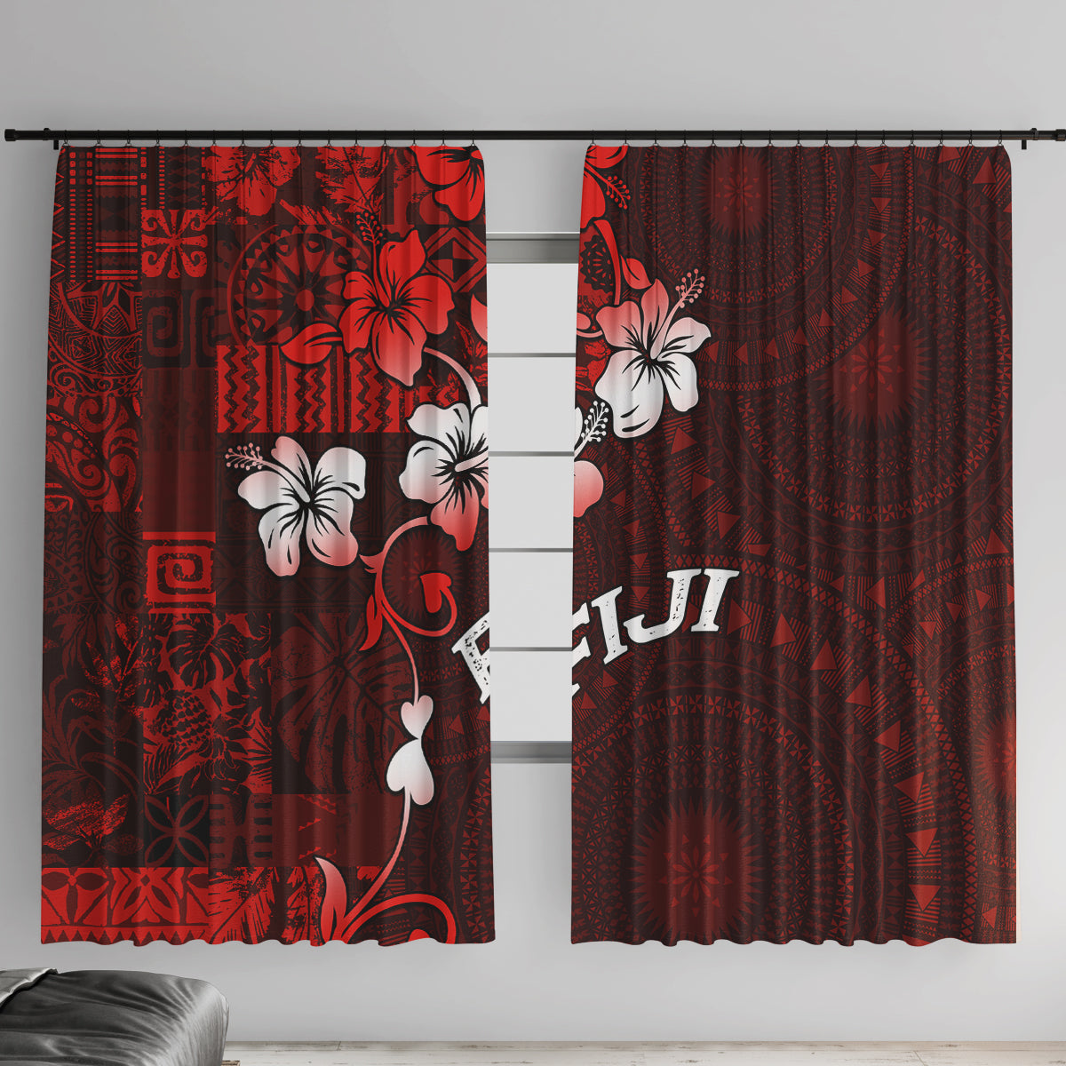 Fiji Masi Window Curtain Fijian Hibiscus Tapa Red Version LT01 With Hooks Red - Polynesian Pride