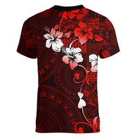 Fiji Masi Women V Neck T Shirt Fijian Hibiscus Tapa Red Version LT01 - Polynesian Pride