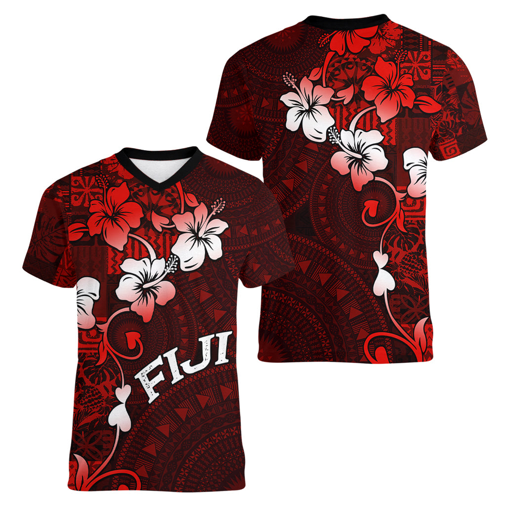 Fiji Masi Women V Neck T Shirt Fijian Hibiscus Tapa Red Version LT01 - Polynesian Pride