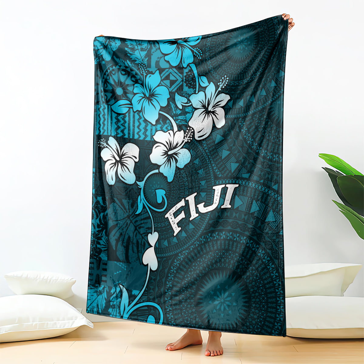 Fiji Masi Blanket Fijian Hibiscus Tapa Sky Blue Version LT01 Blue - Polynesian Pride