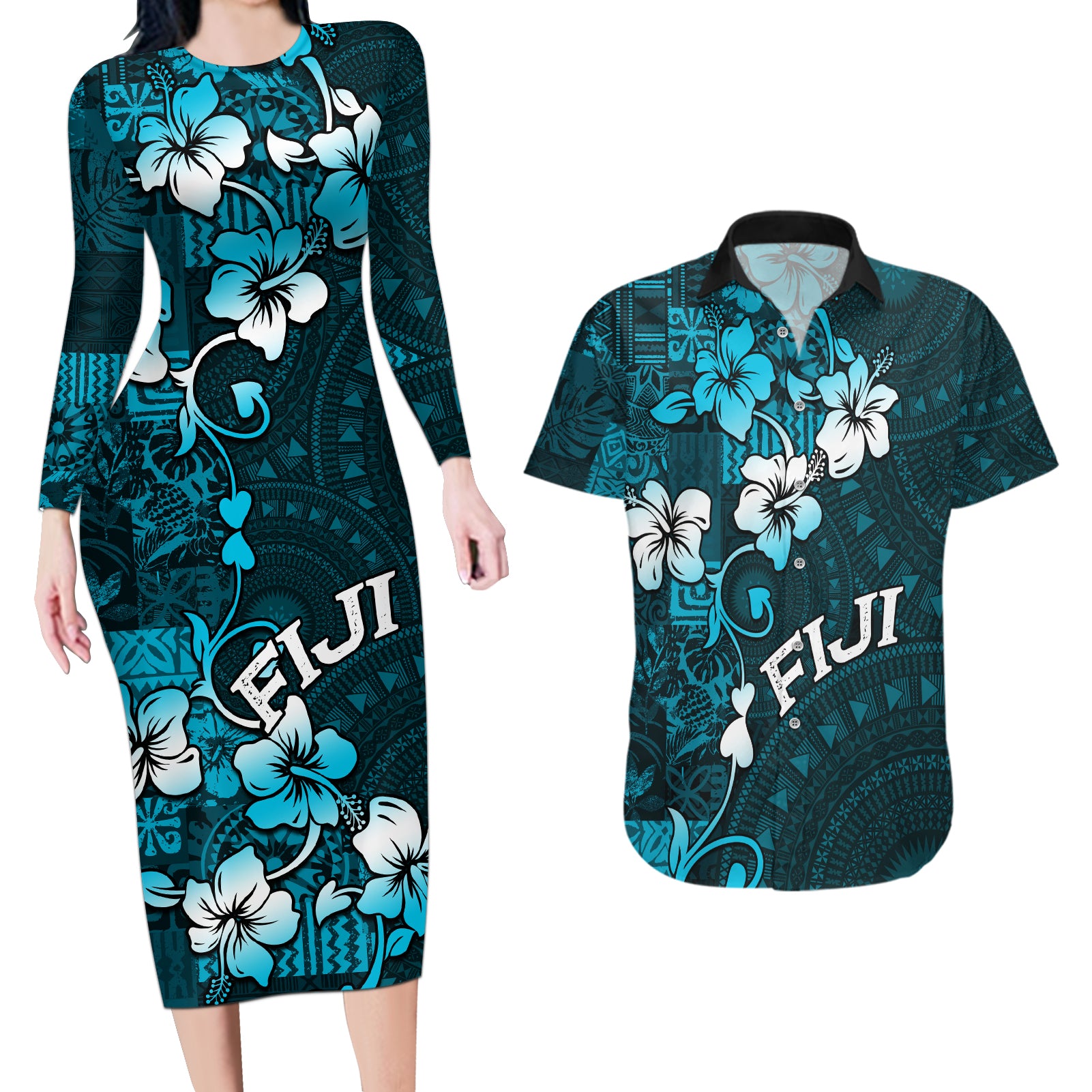 Fiji Masi Couples Matching Long Sleeve Bodycon Dress and Hawaiian Shirt Fijian Hibiscus Tapa Sky Blue Version LT01 Blue - Polynesian Pride