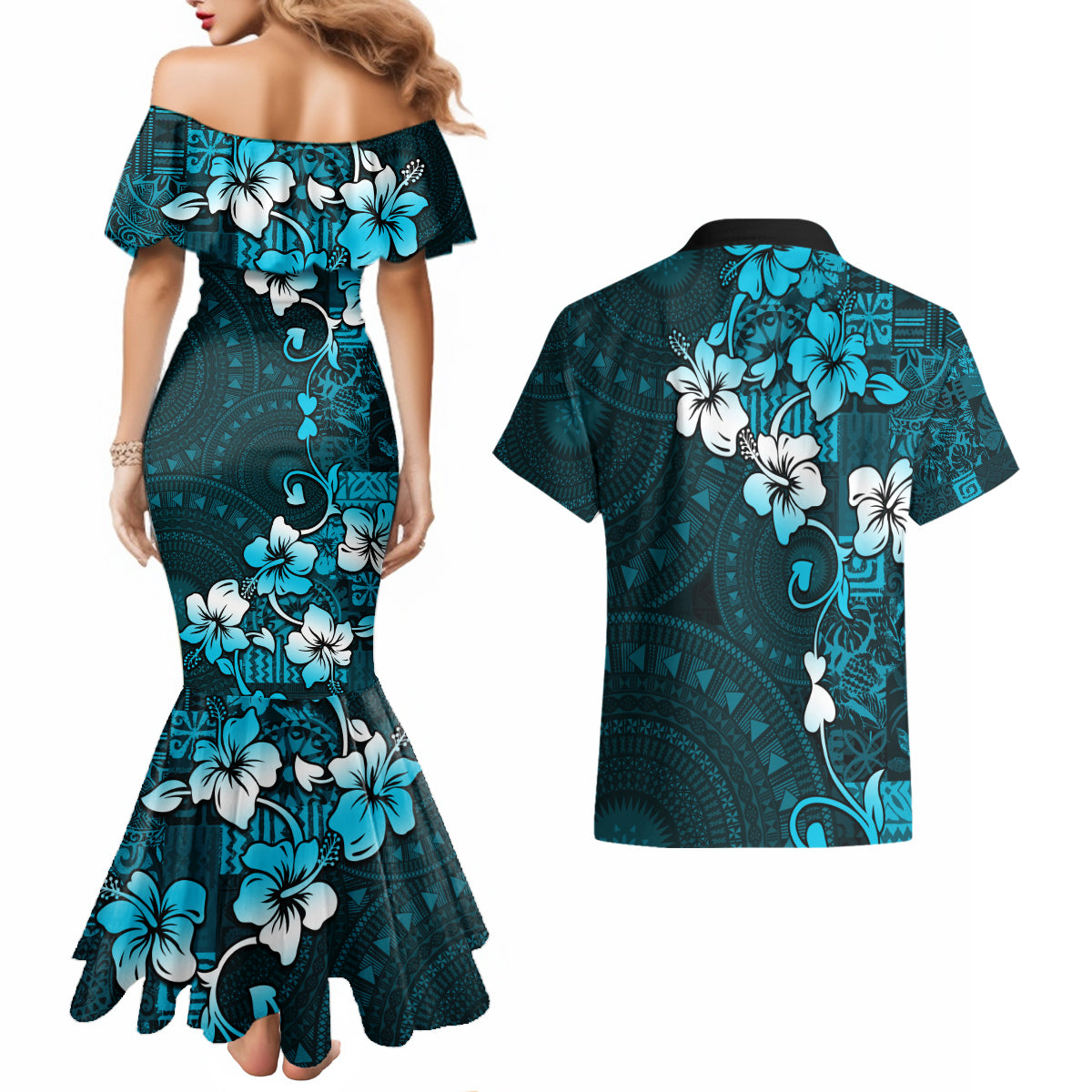 Fiji Masi Couples Matching Mermaid Dress and Hawaiian Shirt Fijian Hibiscus Tapa Sky Blue Version LT01 - Polynesian Pride