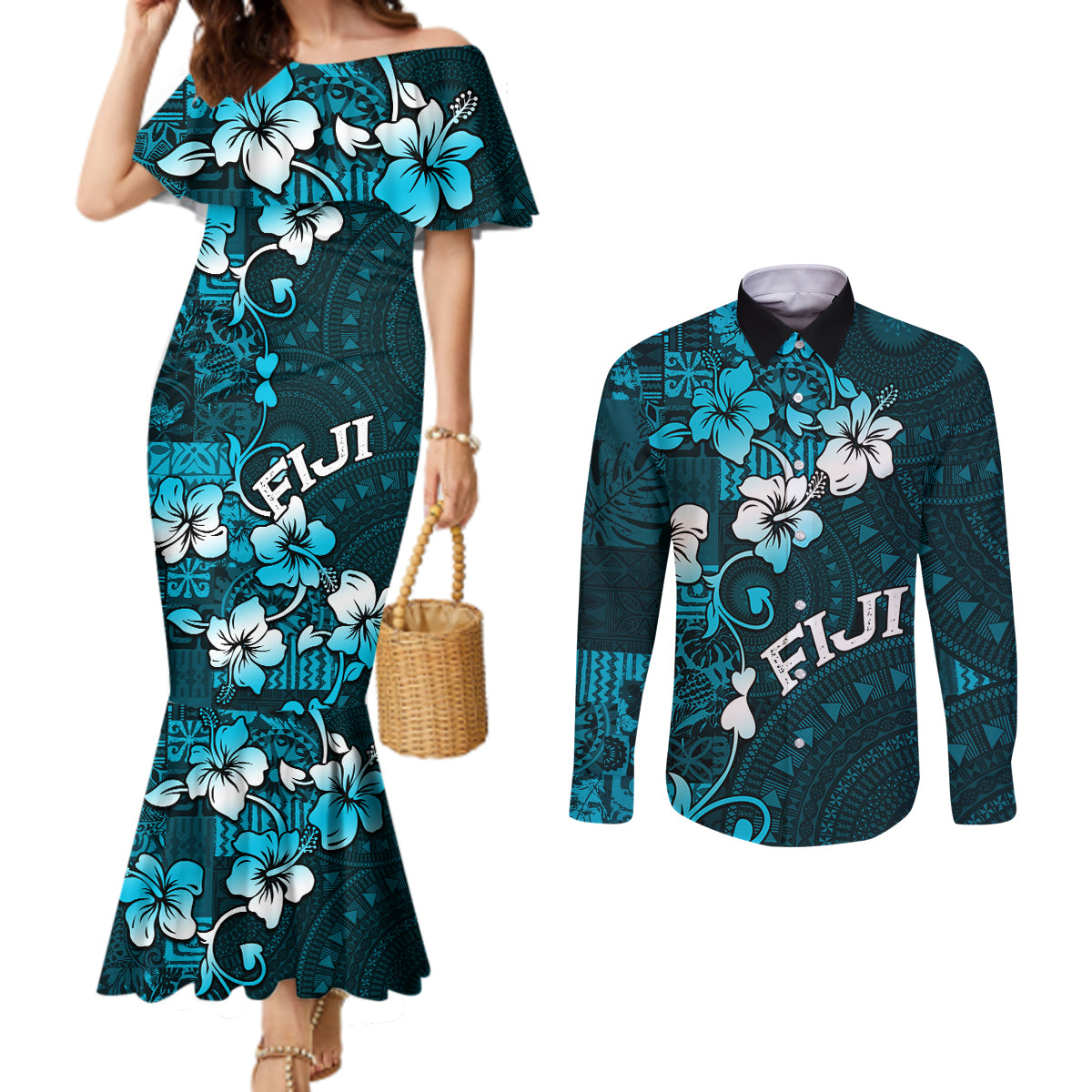 Fiji Masi Couples Matching Mermaid Dress and Long Sleeve Button Shirt Fijian Hibiscus Tapa Sky Blue Version LT01 Blue - Polynesian Pride
