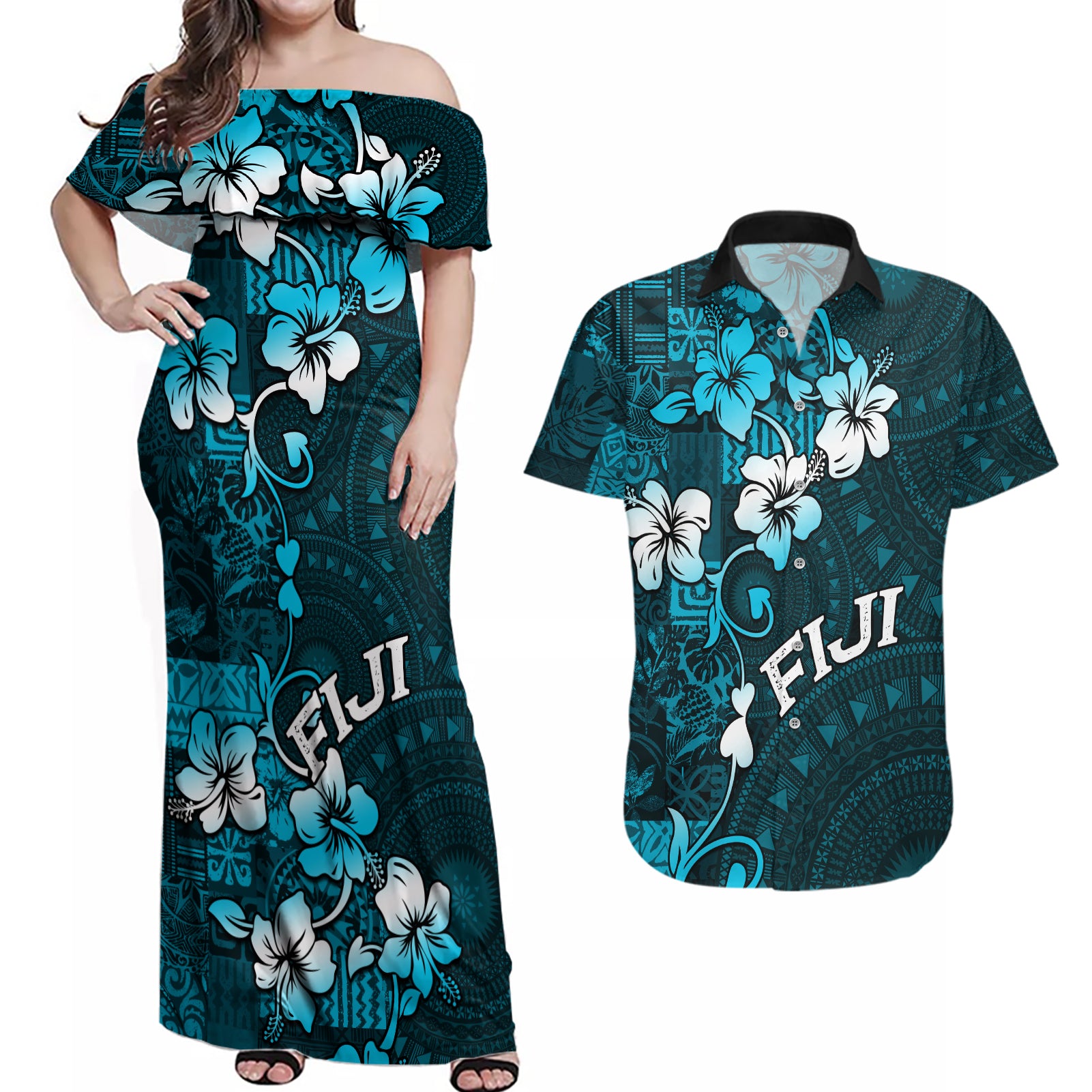 Fiji Masi Couples Matching Off Shoulder Maxi Dress and Hawaiian Shirt Fijian Hibiscus Tapa Sky Blue Version LT01 Blue - Polynesian Pride