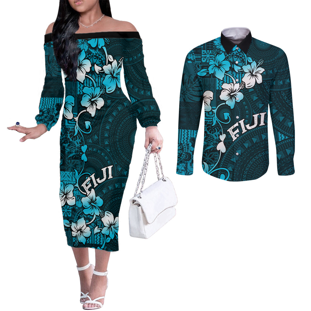 Fiji Masi Couples Matching Off The Shoulder Long Sleeve Dress and Long Sleeve Button Shirt Fijian Hibiscus Tapa Sky Blue Version LT01 Blue - Polynesian Pride
