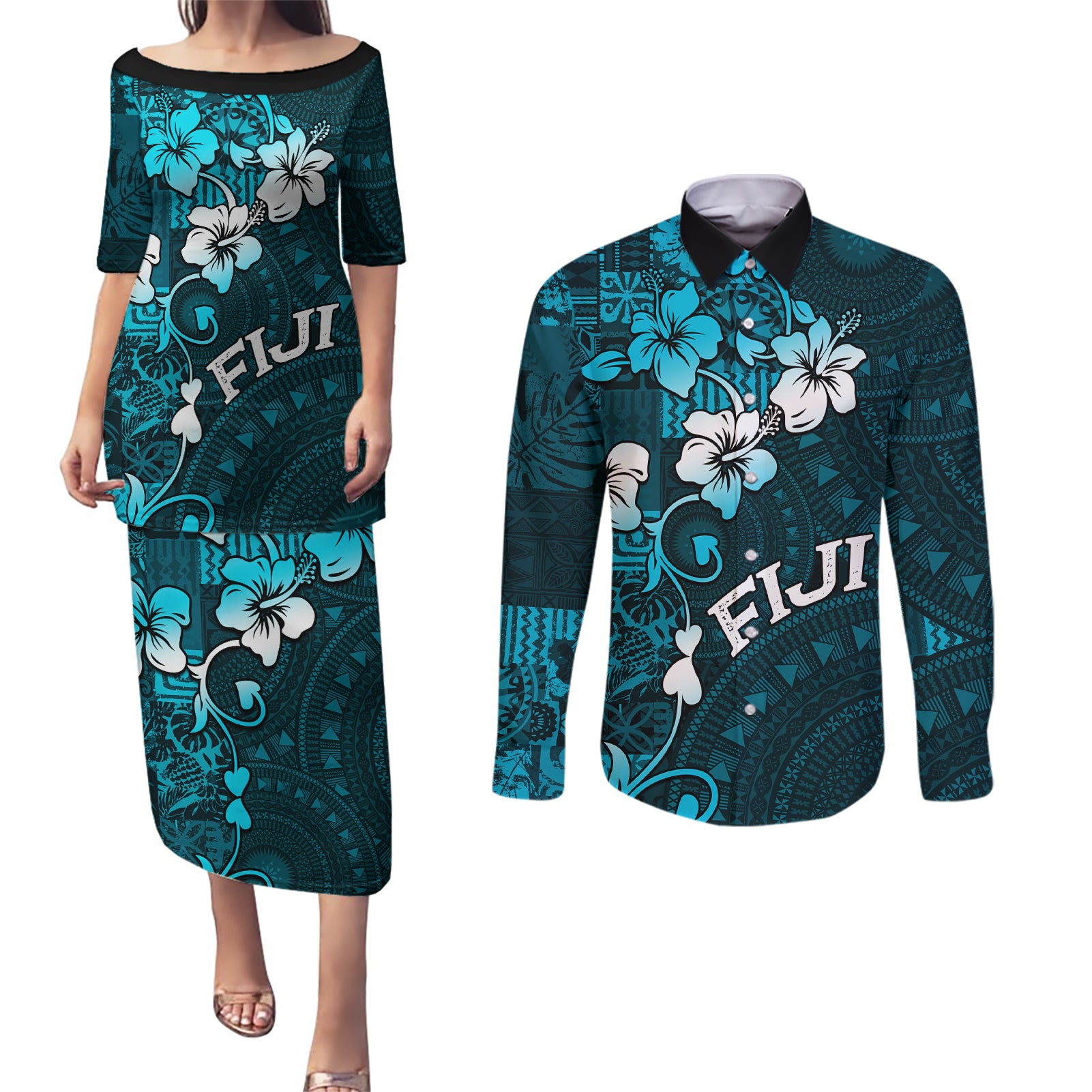 Fiji Masi Couples Matching Puletasi Dress and Long Sleeve Button Shirt Fijian Hibiscus Tapa Sky Blue Version LT01 Blue - Polynesian Pride