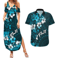 Fiji Masi Couples Matching Summer Maxi Dress and Hawaiian Shirt Fijian Hibiscus Tapa Sky Blue Version LT01 Blue - Polynesian Pride