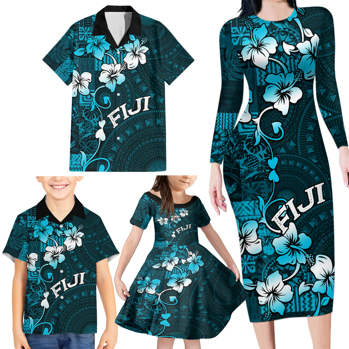 Fiji Masi Family Matching Long Sleeve Bodycon Dress and Hawaiian Shirt Fijian Hibiscus Tapa Sky Blue Version LT01 - Polynesian Pride