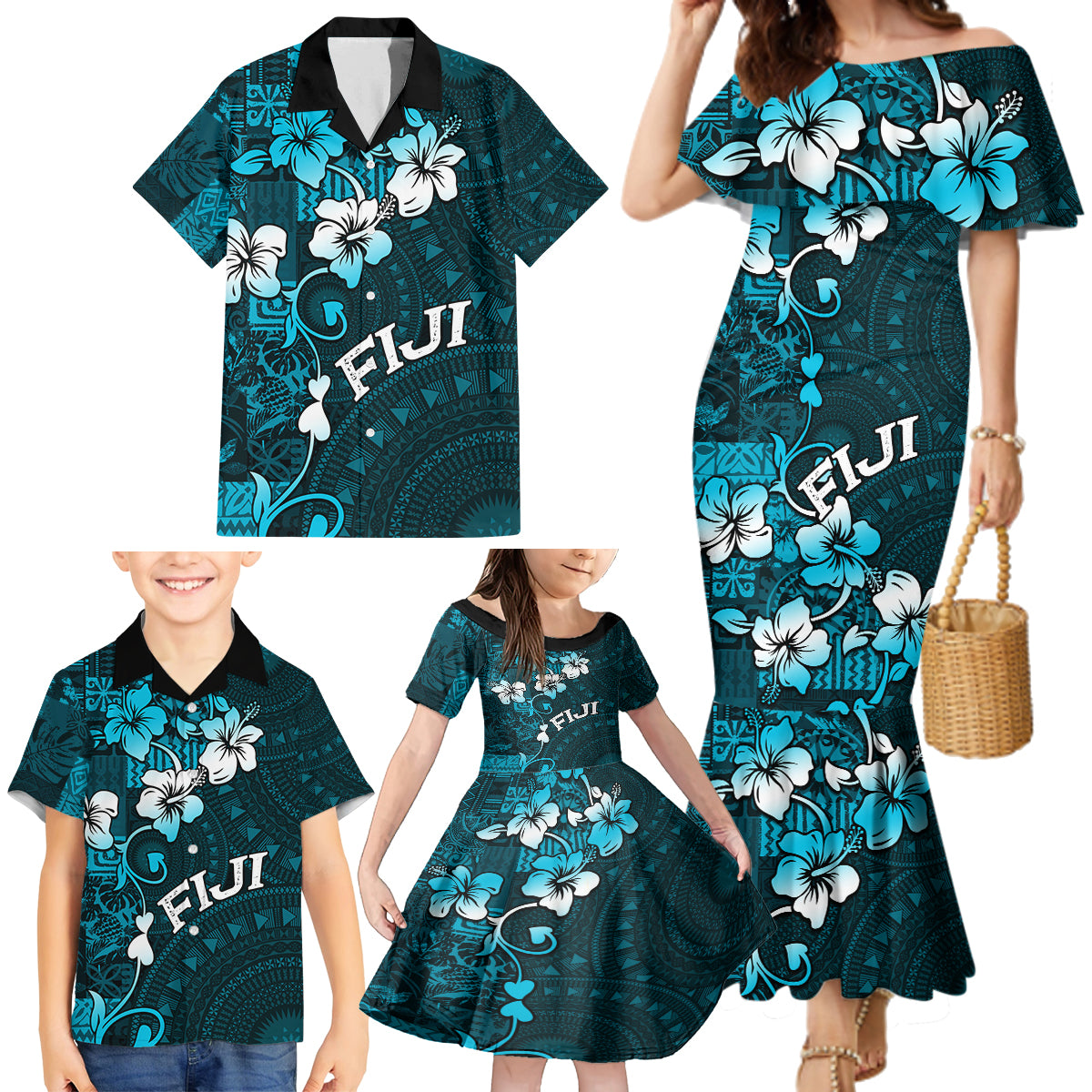 Fiji Masi Family Matching Mermaid Dress and Hawaiian Shirt Fijian Hibiscus Tapa Sky Blue Version LT01 - Polynesian Pride