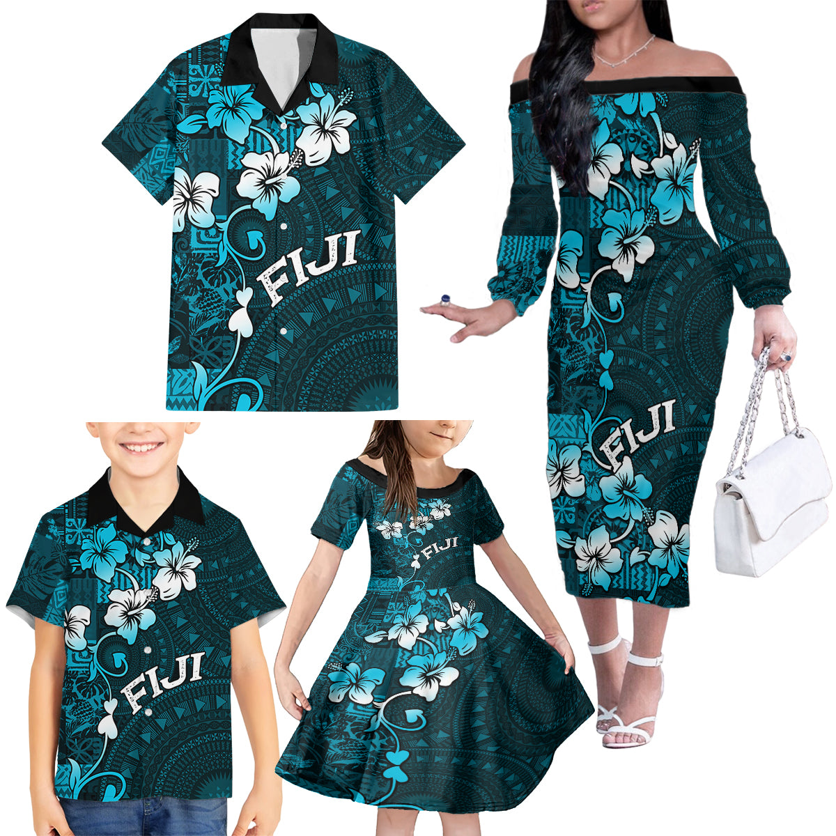 Fiji Masi Family Matching Off Shoulder Long Sleeve Dress and Hawaiian Shirt Fijian Hibiscus Tapa Sky Blue Version LT01 - Polynesian Pride