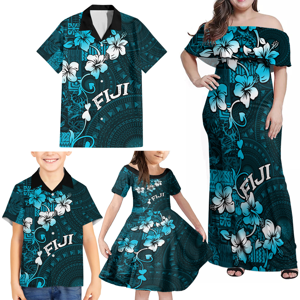 Fiji Masi Family Matching Off Shoulder Maxi Dress and Hawaiian Shirt Fijian Hibiscus Tapa Sky Blue Version LT01 - Polynesian Pride