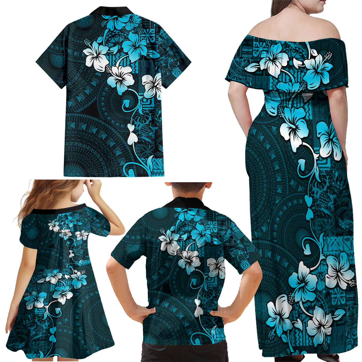 Fiji Masi Family Matching Off Shoulder Maxi Dress and Hawaiian Shirt Fijian Hibiscus Tapa Sky Blue Version LT01 - Polynesian Pride