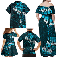 Fiji Masi Family Matching Off Shoulder Maxi Dress and Hawaiian Shirt Fijian Hibiscus Tapa Sky Blue Version LT01 - Polynesian Pride
