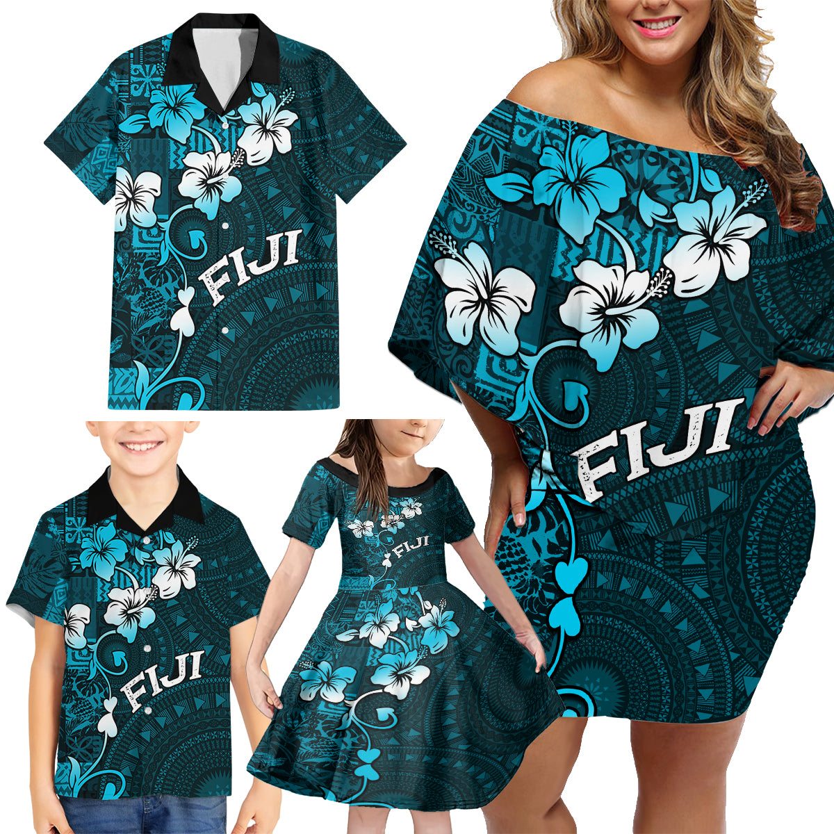 Fiji Masi Family Matching Off Shoulder Short Dress and Hawaiian Shirt Fijian Hibiscus Tapa Sky Blue Version LT01 - Polynesian Pride