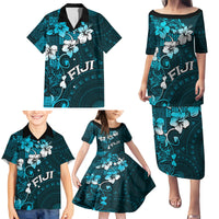 Fiji Masi Family Matching Puletasi Dress and Hawaiian Shirt Fijian Hibiscus Tapa Sky Blue Version LT01 - Polynesian Pride