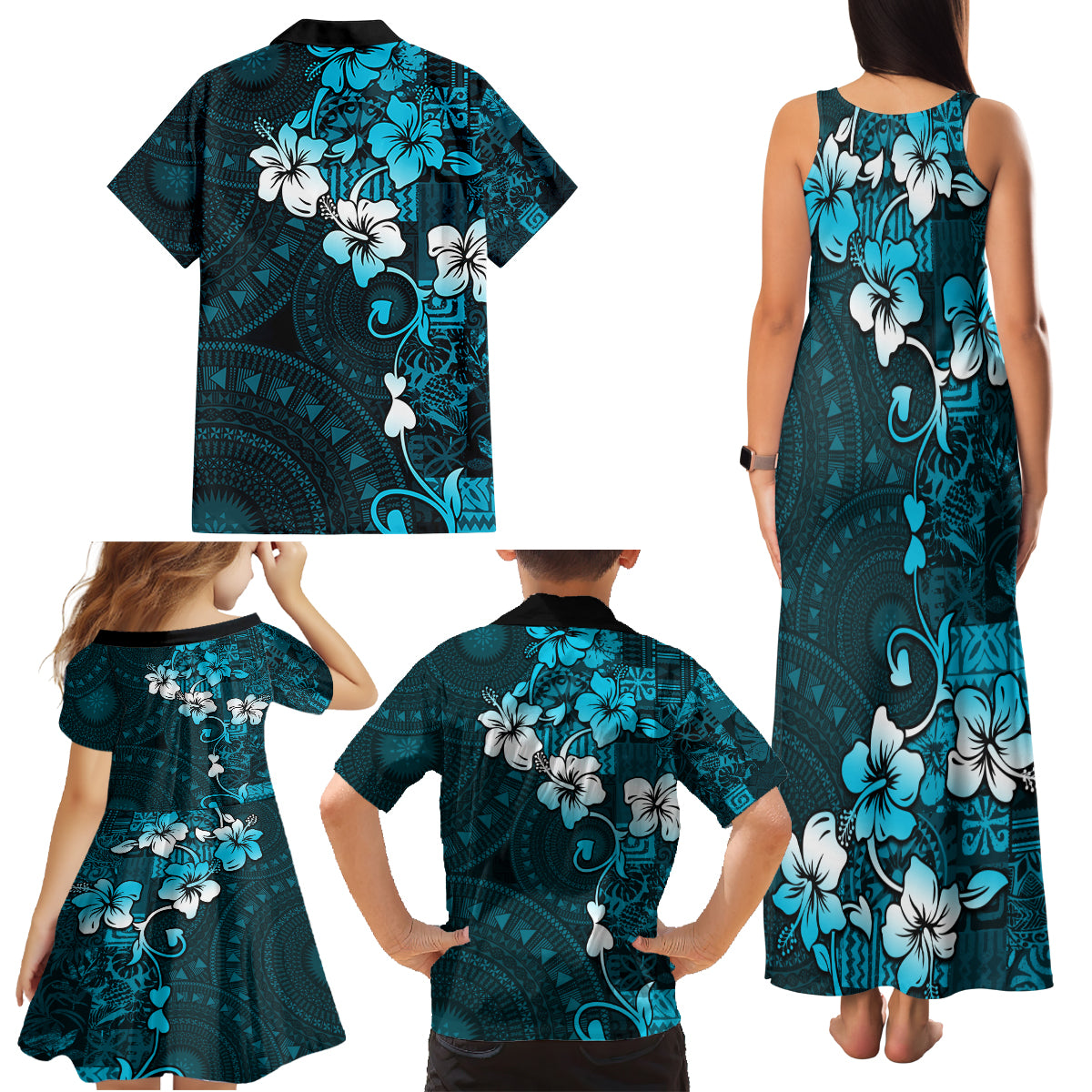 Fiji Masi Family Matching Tank Maxi Dress and Hawaiian Shirt Fijian Hibiscus Tapa Sky Blue Version LT01 - Polynesian Pride