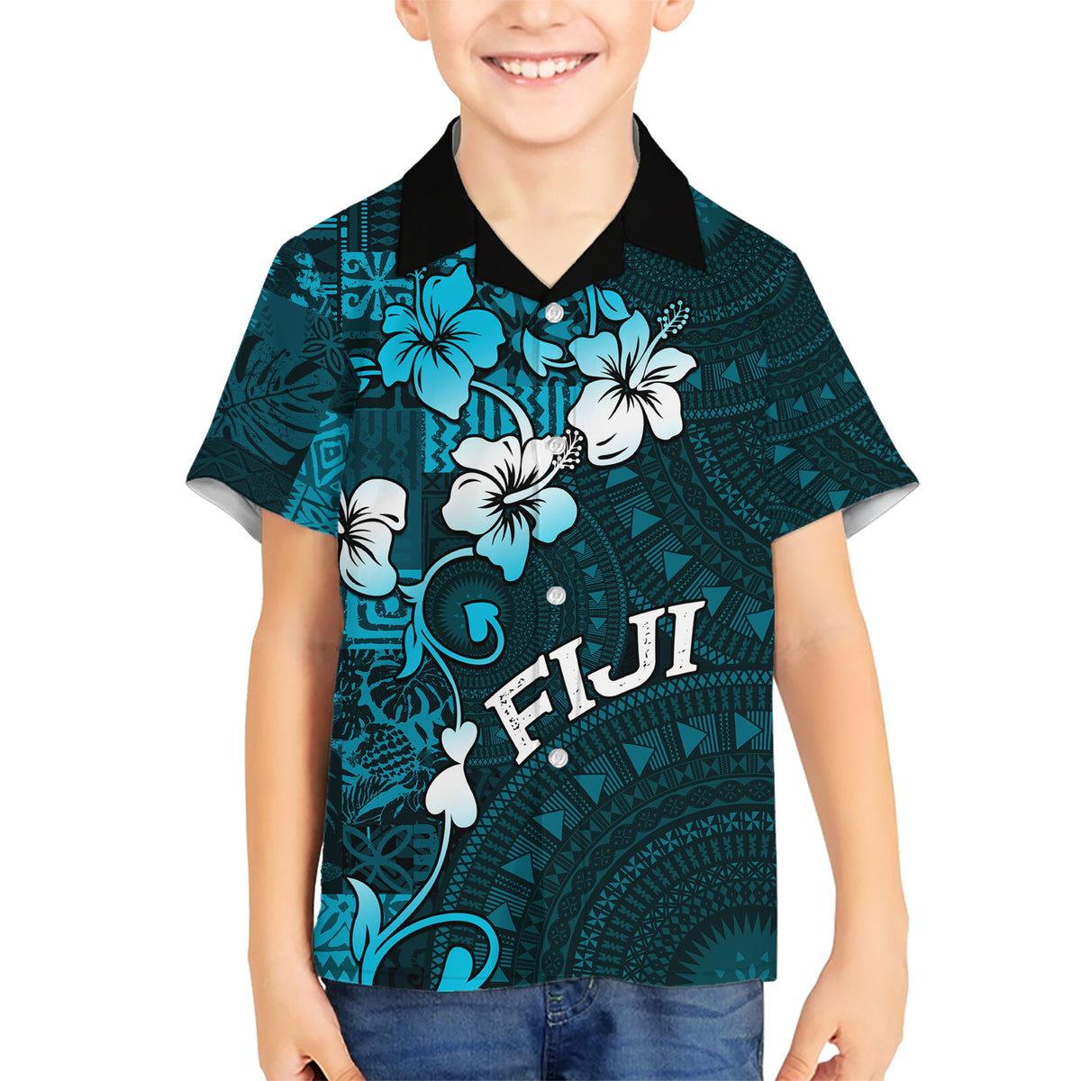Fiji Masi Hawaiian Shirt Fijian Hibiscus Tapa Sky Blue Version LT01 - Polynesian Pride