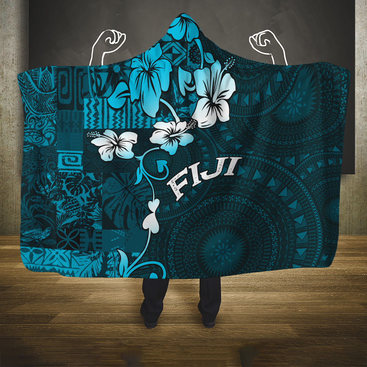 Fiji Masi Hooded Blanket Fijian Hibiscus Tapa Sky Blue Version LT01 One Size Blue - Polynesian Pride