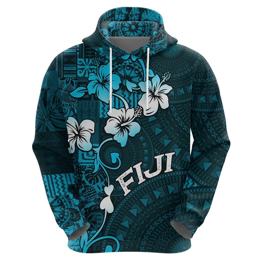 Fiji Masi Hoodie Fijian Hibiscus Tapa Sky Blue Version LT01 - Polynesian Pride