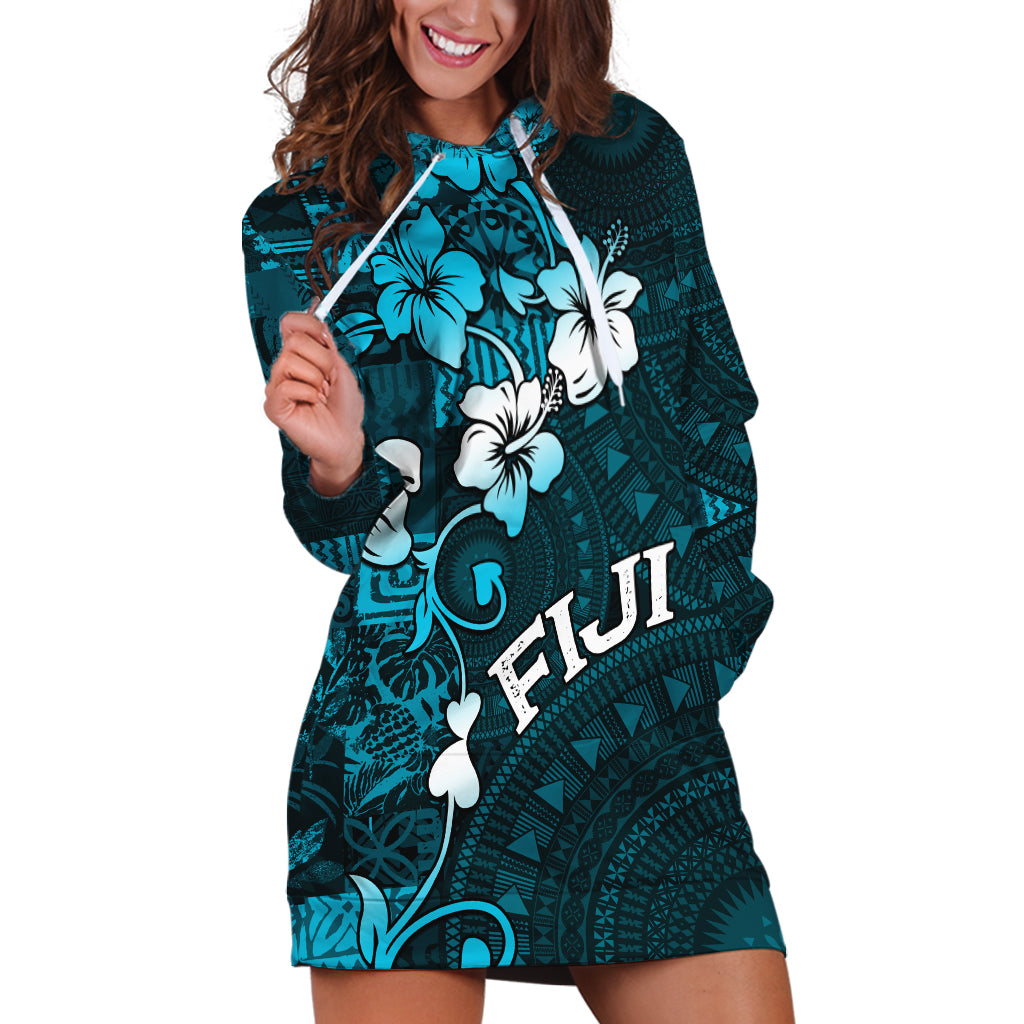 Fiji Masi Hoodie Dress Fijian Hibiscus Tapa Sky Blue Version LT01 Blue - Polynesian Pride