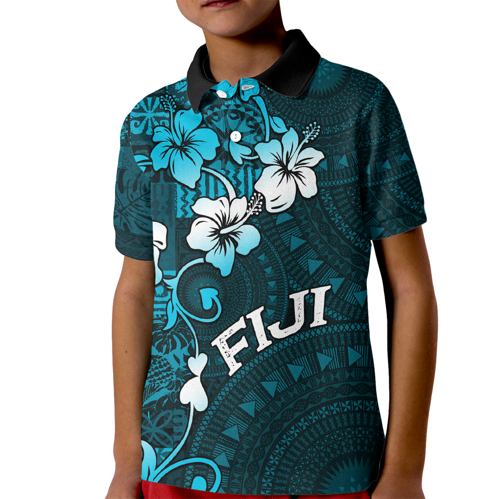 Fiji Masi Kid Polo Shirt Fijian Hibiscus Tapa Sky Blue Version LT01 Kid Blue - Polynesian Pride