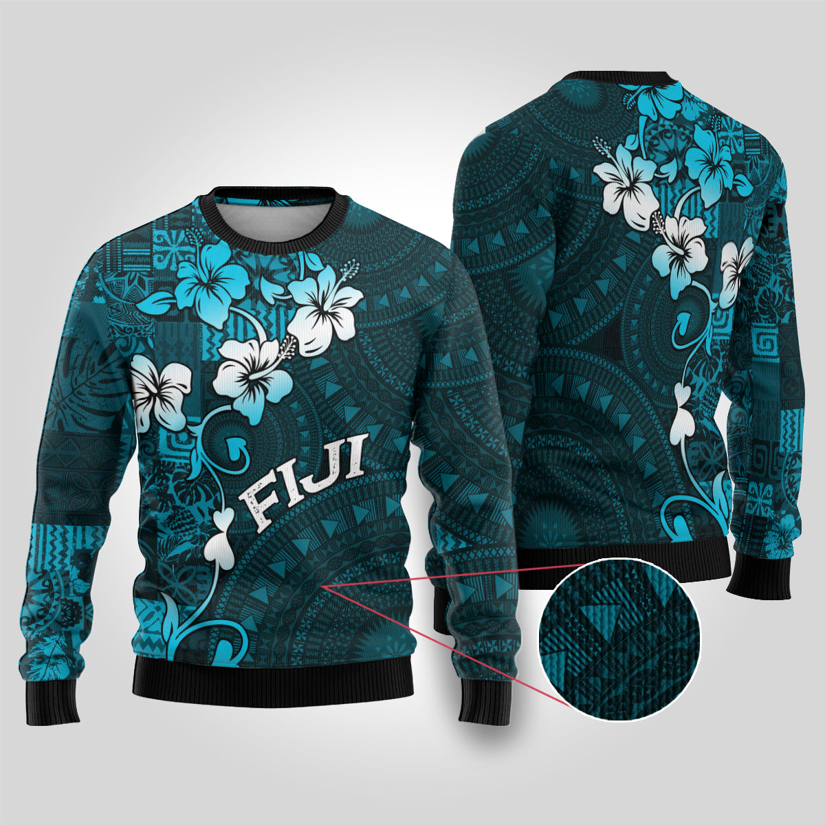 Fiji Masi Ugly Christmas Sweater Fijian Hibiscus Tapa Sky Blue Version LT01 Blue - Polynesian Pride