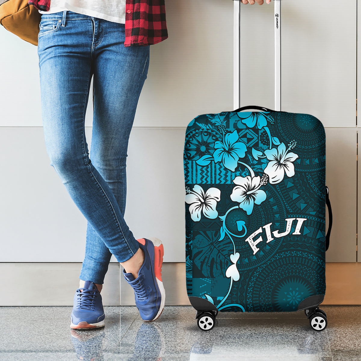 Fiji Masi Luggage Cover Fijian Hibiscus Tapa Sky Blue Version LT01 - Polynesian Pride