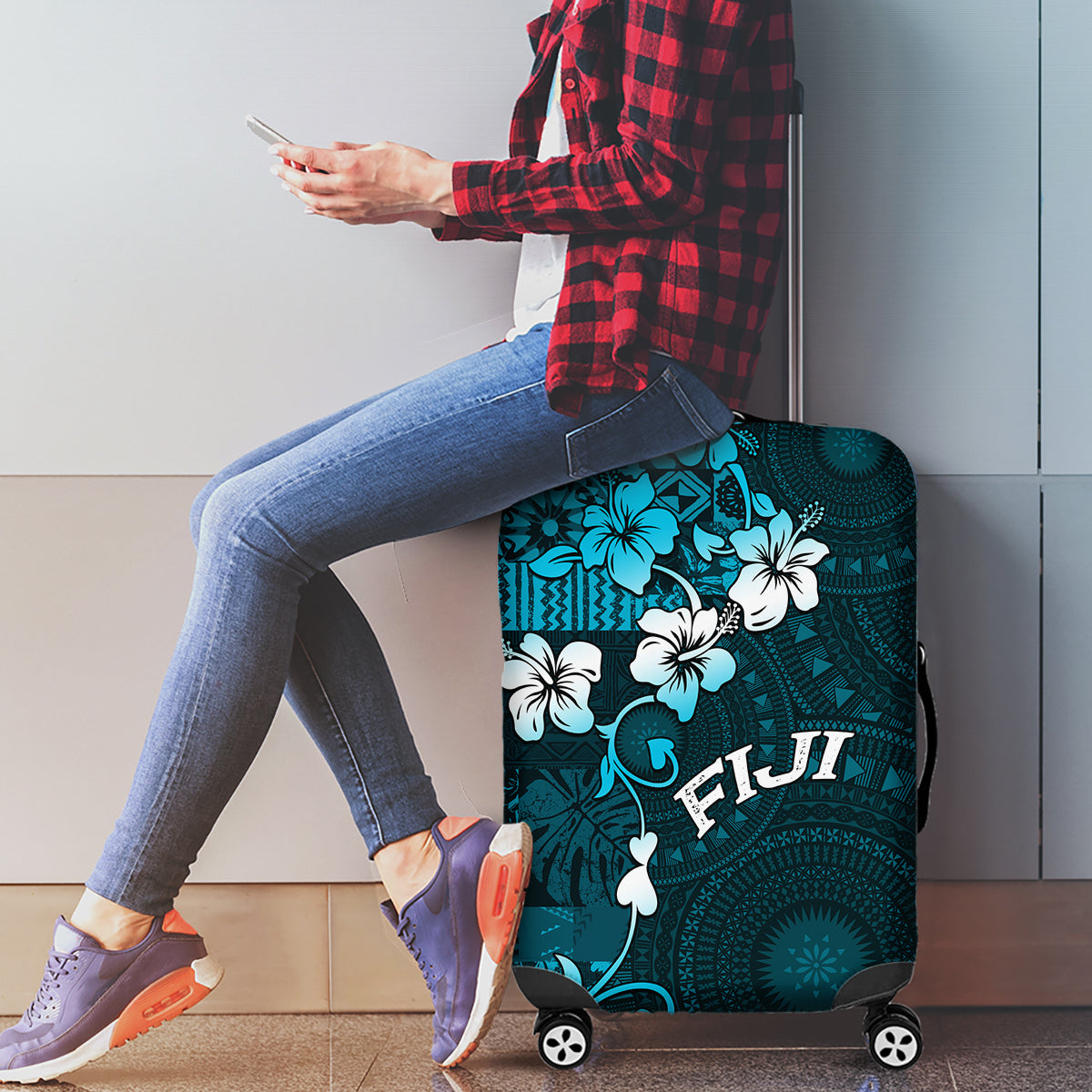 Fiji Masi Luggage Cover Fijian Hibiscus Tapa Sky Blue Version LT01 - Polynesian Pride