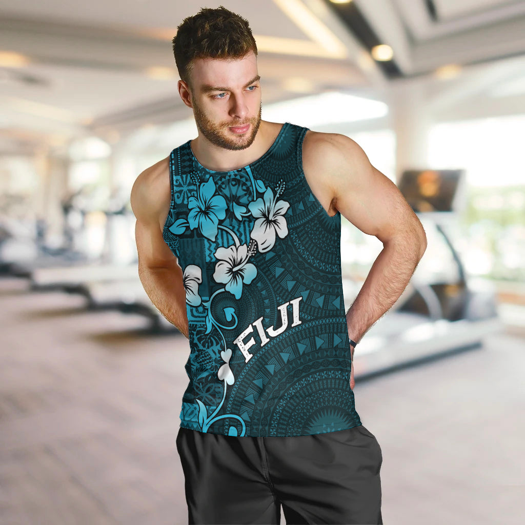 Fiji Masi Men Tank Top Fijian Hibiscus Tapa Sky Blue Version LT01 Blue - Polynesian Pride