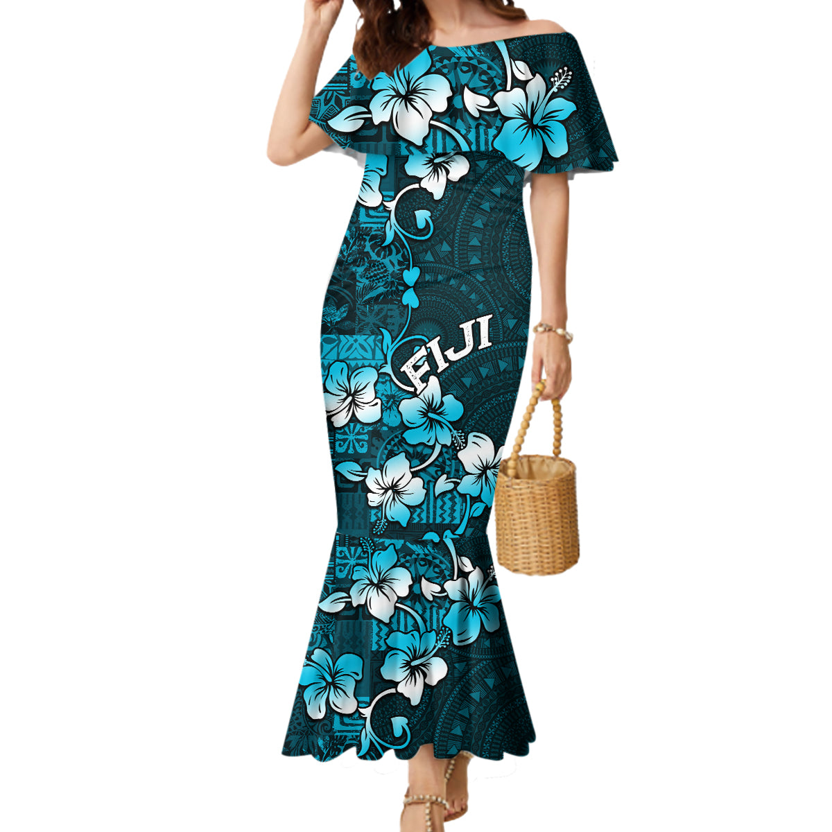 Fiji Masi Mermaid Dress Fijian Hibiscus Tapa Sky Blue Version LT01 Women Blue - Polynesian Pride