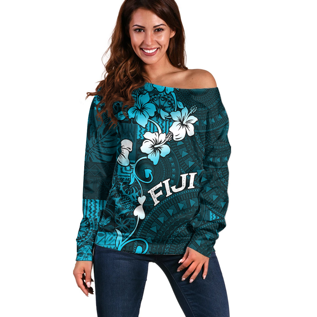 Fiji Masi Off Shoulder Sweater Fijian Hibiscus Tapa Sky Blue Version LT01 Women Blue - Polynesian Pride