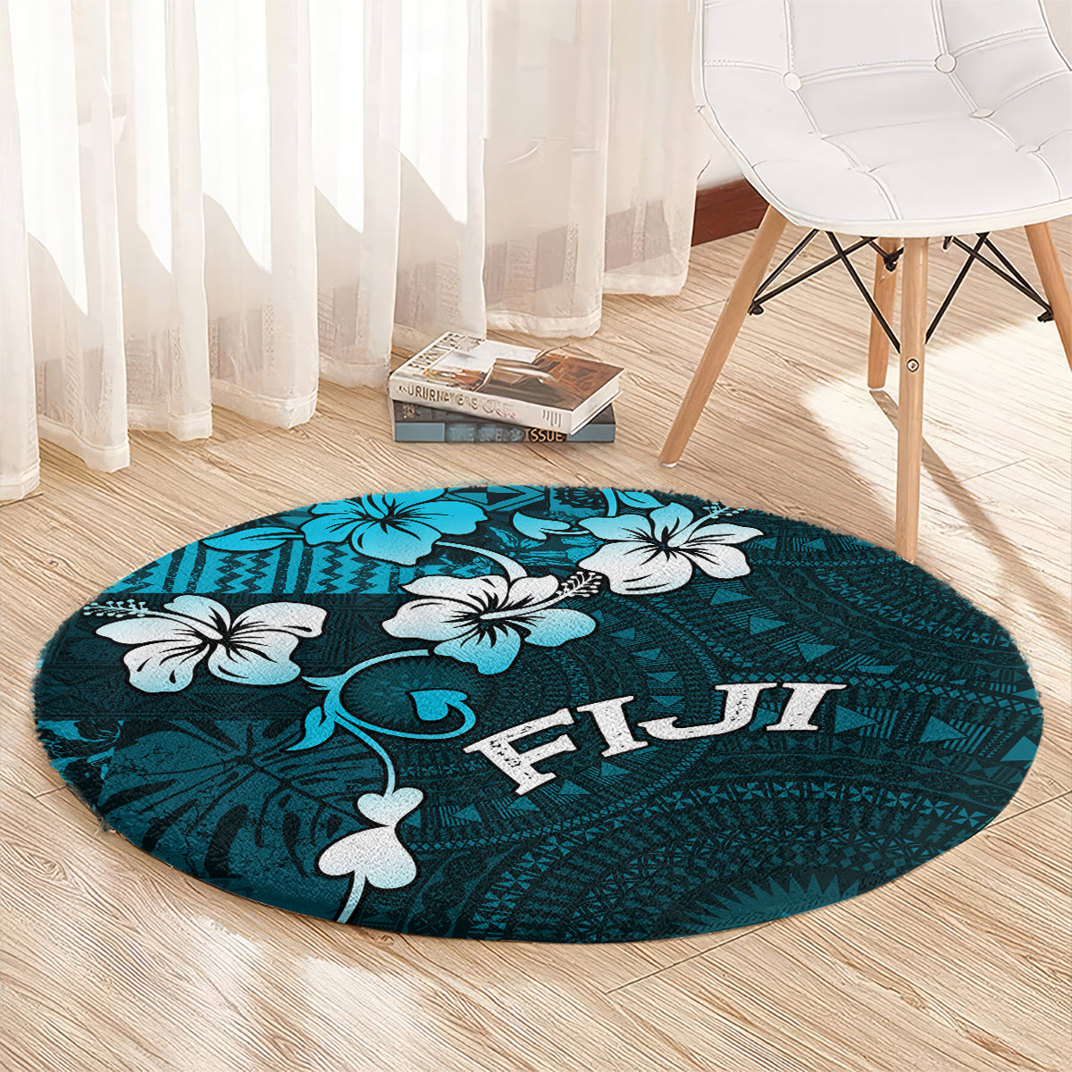 Fiji Masi Round Carpet Fijian Hibiscus Tapa Sky Blue Version LT01 - Polynesian Pride