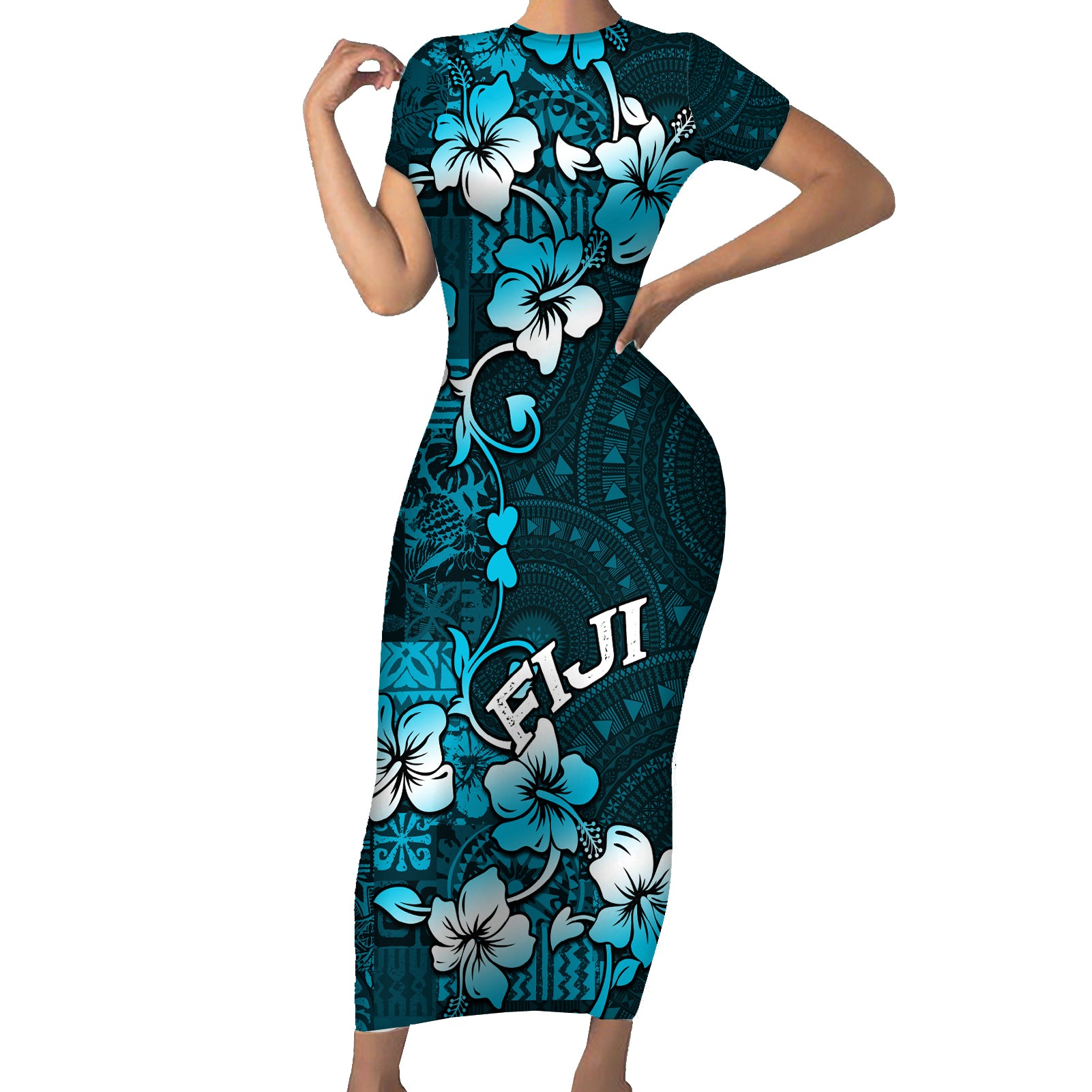 Fiji Masi Short Sleeve Bodycon Dress Fijian Hibiscus Tapa Sky Blue Version LT01 Long Dress Blue - Polynesian Pride