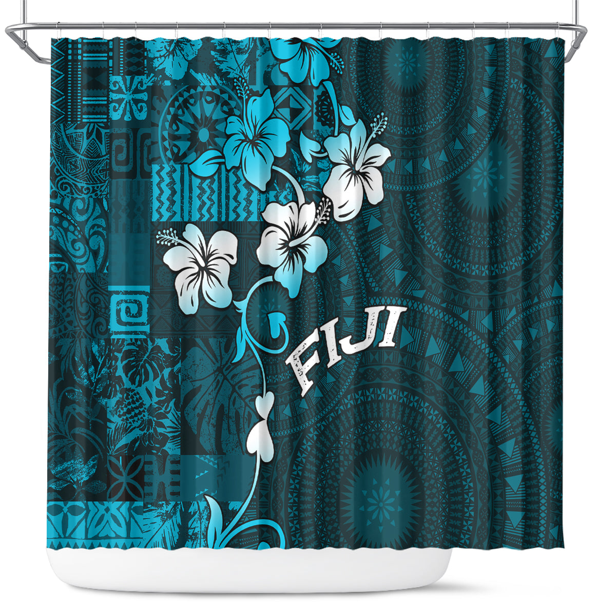 Fiji Masi Shower Curtain Fijian Hibiscus Tapa Sky Blue Version LT01 Blue - Polynesian Pride