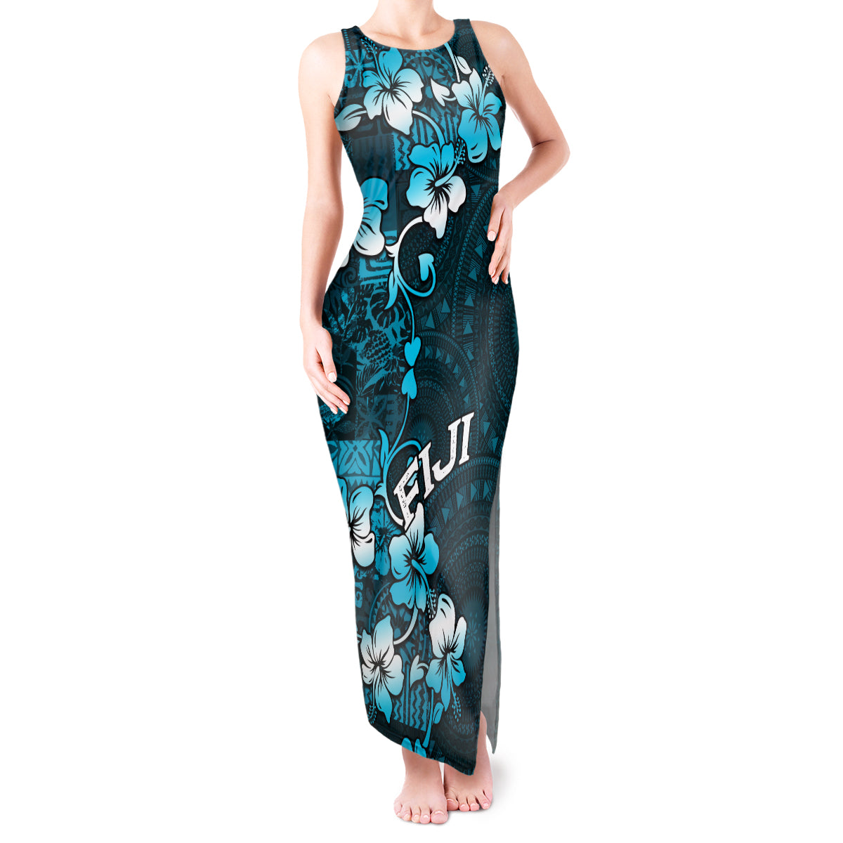 Fiji Masi Tank Maxi Dress Fijian Hibiscus Tapa Sky Blue Version LT01 Women Blue - Polynesian Pride