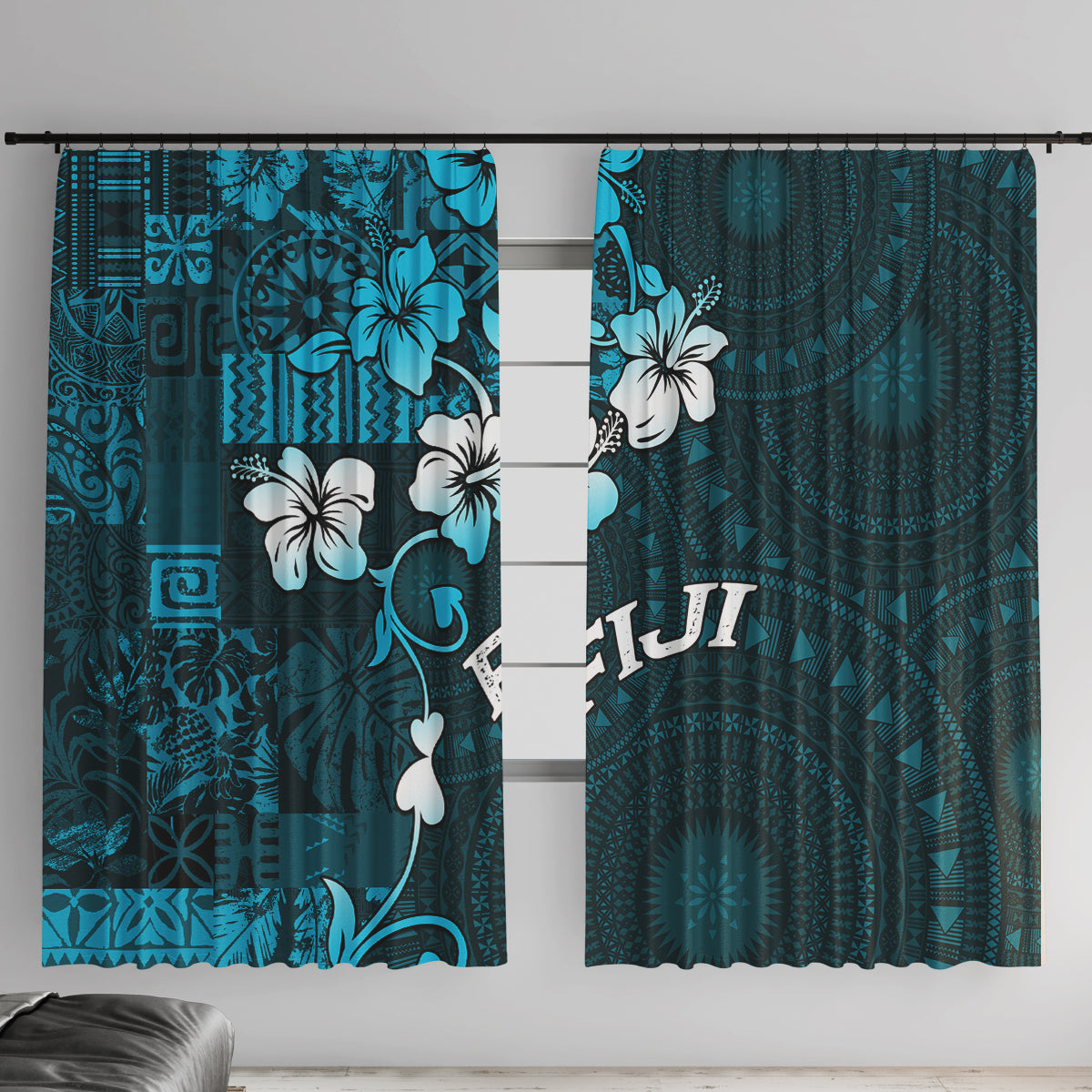 Fiji Masi Window Curtain Fijian Hibiscus Tapa Sky Blue Version LT01 With Hooks Blue - Polynesian Pride