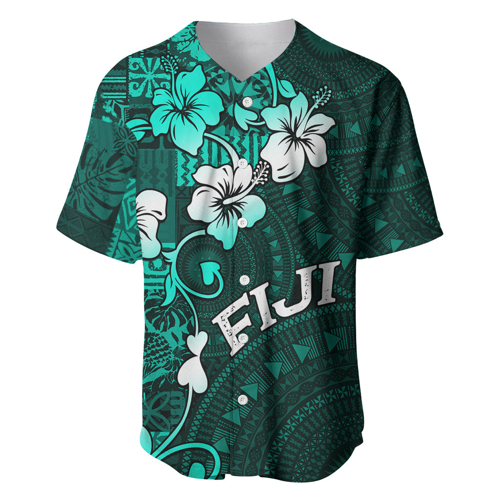 Fiji Masi Baseball Jersey Fijian Hibiscus Tapa Turquoise Version LT01 Turquoise - Polynesian Pride