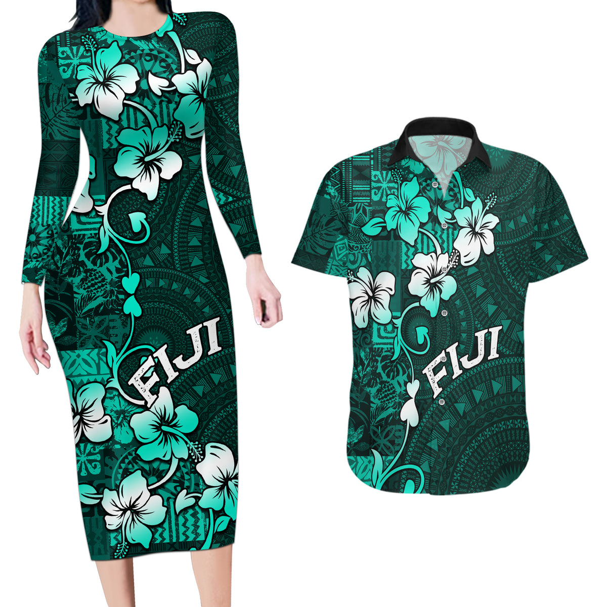 Fiji Masi Couples Matching Long Sleeve Bodycon Dress and Hawaiian Shirt Fijian Hibiscus Tapa Turquoise Version LT01 Turquoise - Polynesian Pride