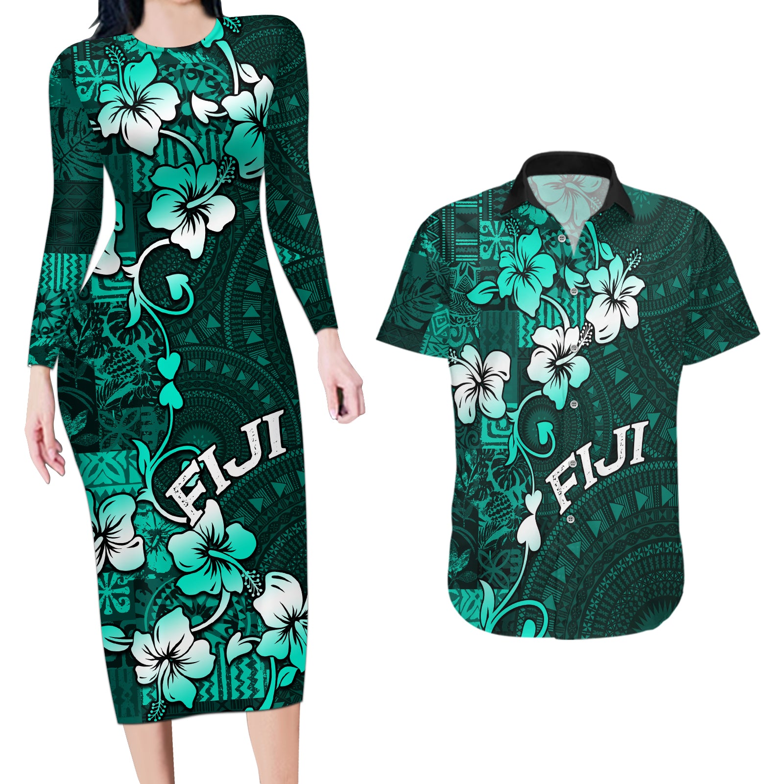 Fiji Masi Couples Matching Long Sleeve Bodycon Dress and Hawaiian Shirt Fijian Hibiscus Tapa Turquoise Version LT01 Turquoise - Polynesian Pride