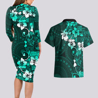 Fiji Masi Couples Matching Long Sleeve Bodycon Dress and Hawaiian Shirt Fijian Hibiscus Tapa Turquoise Version LT01 - Polynesian Pride