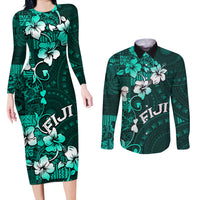 Fiji Masi Couples Matching Long Sleeve Bodycon Dress and Long Sleeve Button Shirt Fijian Hibiscus Tapa Turquoise Version LT01 Turquoise - Polynesian Pride